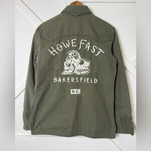 Howe Army Green Embroidered Bikercore Shirt Jacket Size Medium Bakersfield Cali